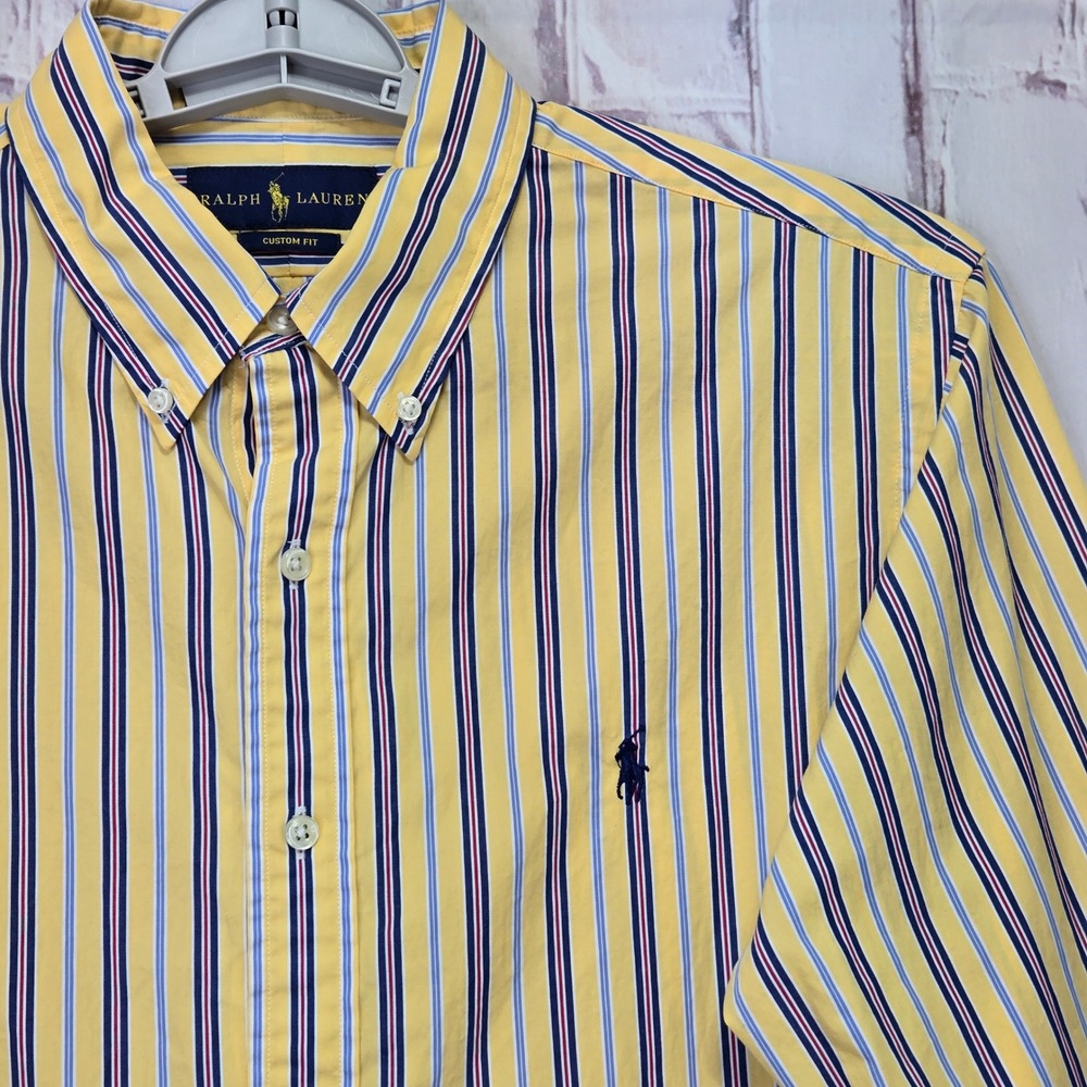 Y2K Ralph Lauren Button Down Oxford Yellow Striped Custom Fit Pony Logo Mens L